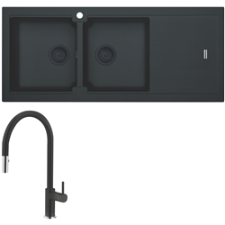Franke Bali Double Bowl Sink with Right Hand Drainer and Verona Pull-Out Tap - Matt Black