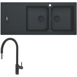 Franke Bali Double Bowl Sink with Left Hand Drainer and Verona Pull-Out Tap - Matt Black