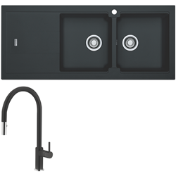 Franke Bali Double Bowl Sink with Left Hand Drainer and Verona Pull-Out Tap - Onyx