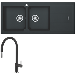Franke Bali Double Bowl Sink with Right Hand Drainer and Verona Pull-Out Tap - Onyx